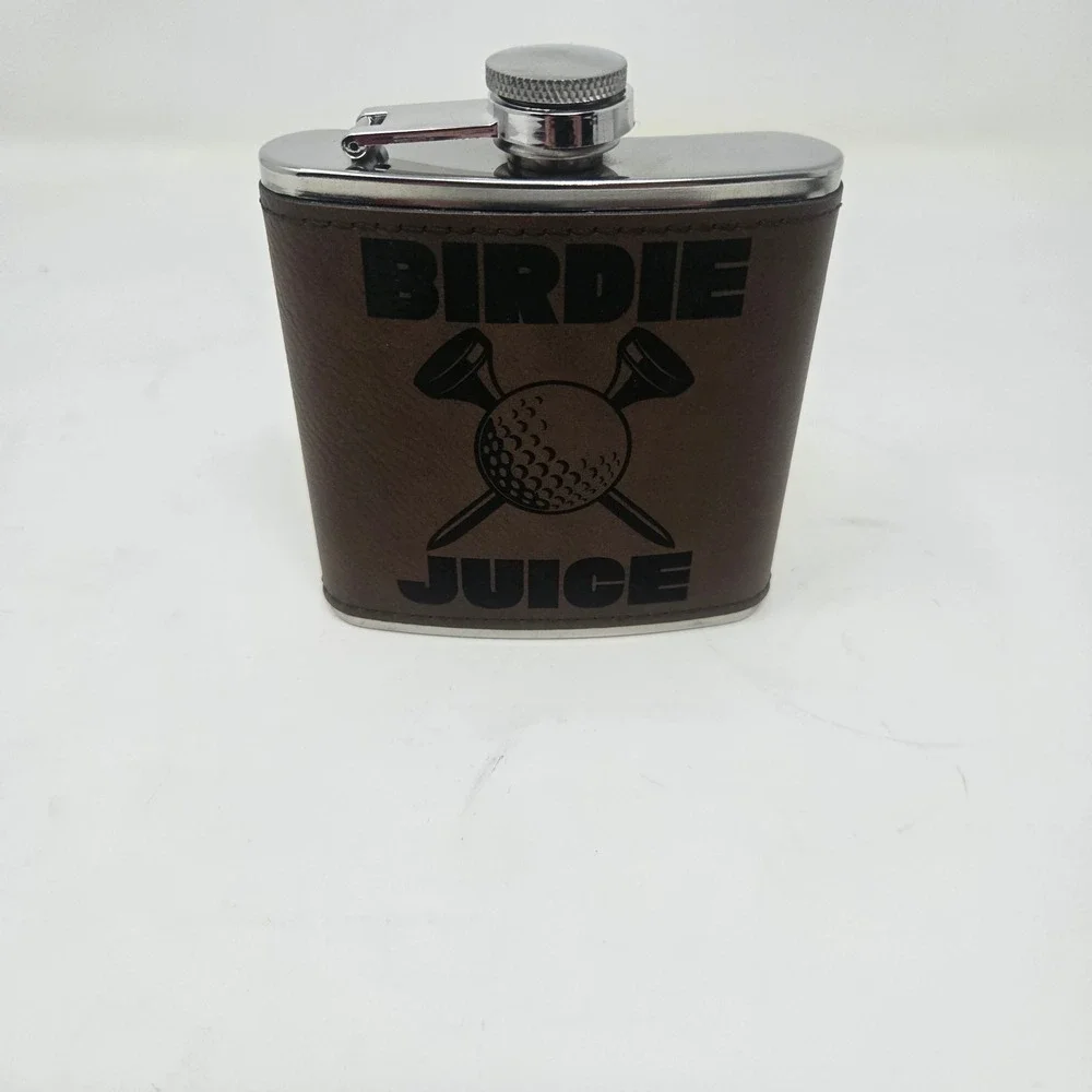 Birdie‎ Juice Golf Hip Flask 6oz Stainless Steel Brown Faux Leather Wrap